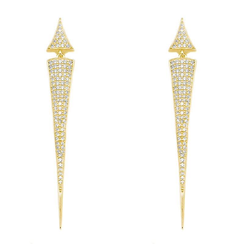 Brilliant sterling silver pointed spike drop earrings adorned with the highest quality cubic zirconium in a micro pave setting.      2.5" drop     Back post     .925 Sterling Silver     Choose between 3 heavy plated colors: 18k yellow gold, 18k rose gold or white rhodium for anti-tarnish  Each piece is under strict quality control and stamped with the sterling silver grade .925