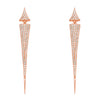 Brilliant sterling silver pointed spike drop earrings adorned with the highest quality cubic zirconium in a micro pave setting.      2.5" drop     Back post     .925 Sterling Silver     Choose between 3 heavy plated colors: 18k yellow gold, 18k rose gold or white rhodium for anti-tarnish  Each piece is under strict quality control and stamped with the sterling silver grade .925